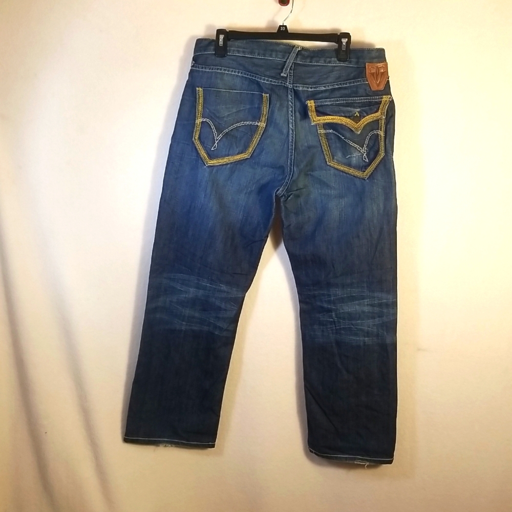 Pure Venom Jean's‎ Mens 36 Blue Vintage Baggy Bootleg Embroidered Leather EUC